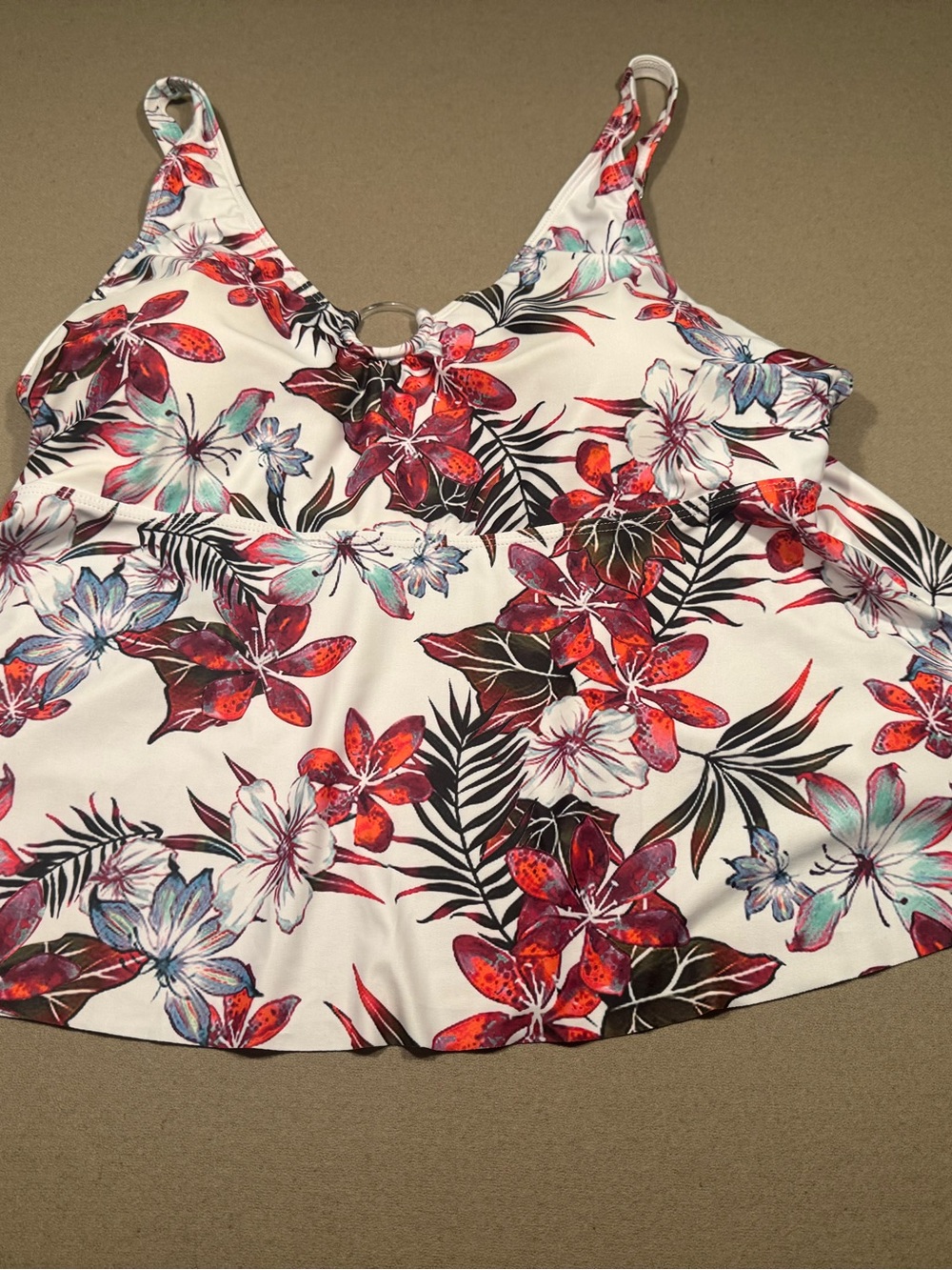 Floral V-Neck Tankini Top in White with Red & Pink Blooms 4XL